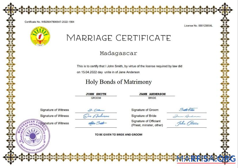 Printable Madagascar marriage certificate Word and PDF template